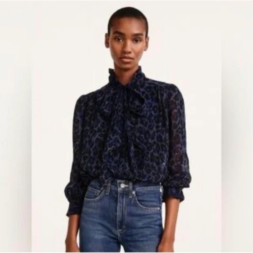 Kate Spade Wild Ones Leopard Clip Dot Bow Blouse Navy Blue Black Silk Metallic L